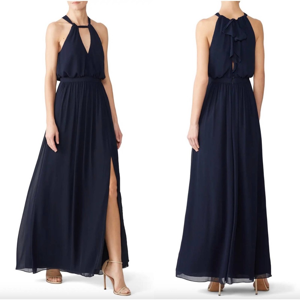 Watters Fleurette Halter Keyhole Sleeveless Gown In Navy Size 6